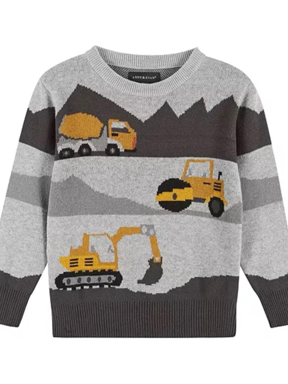 Andy & Evan Gray Sweater with Yellow Construction Vehicle Motifs